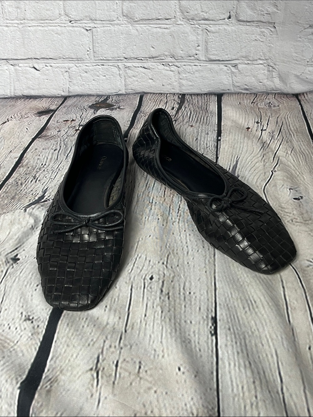 Quince Black Woven Leather Ballet Flats with Bow